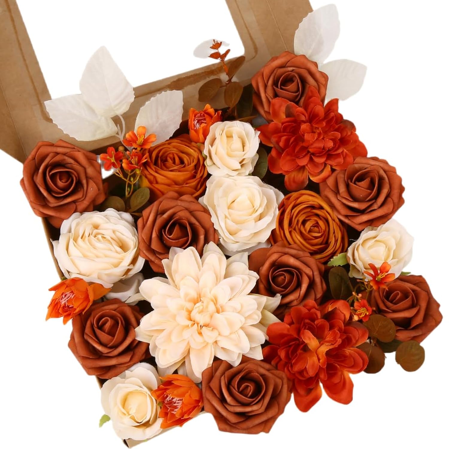 Artificial Flower Box Set Silk Flowers Rose Faux Flowers With Stems For Diy Bridal Wedding Bouquets Centerpieces Arrangements Table Decor Baby Shower Party Home Decor (Chic Terracotta Rust)