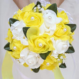 Wedding Bouquet, Big Size Yellow Bridesmaid Foam Roses Artificial Flower Bridal Bouquets With Crystals Soft Ribbons For Wedding Party Church