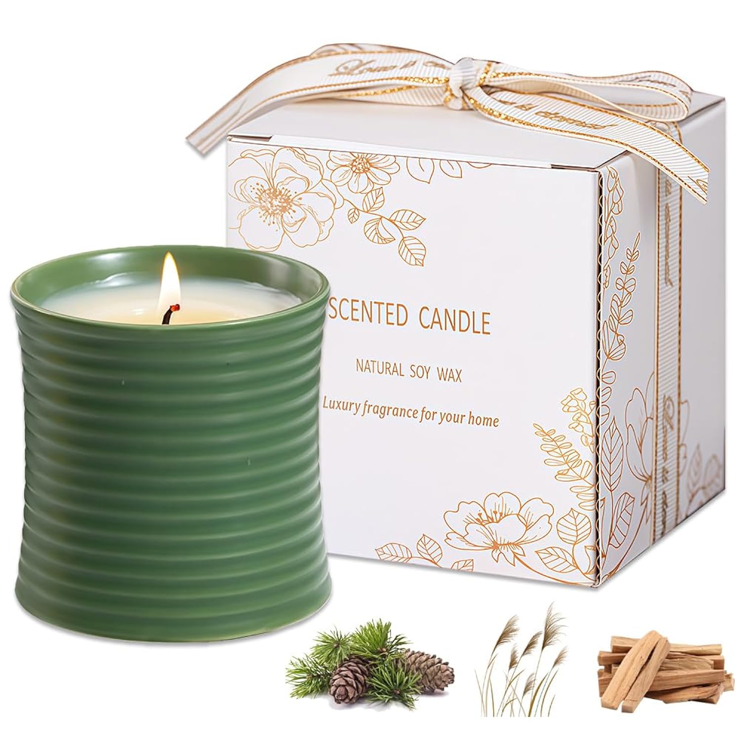 Natural Soy Wax Scented Candle, Sandalwood Fragrance, Green Ceramic Container, Handmade Luxury Home Decor With Cotton Wick, Reusable Jar