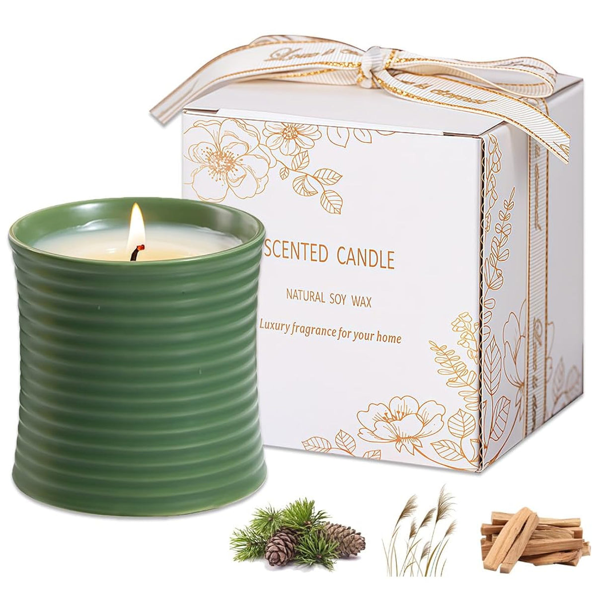 Natural Soy Wax Scented Candle, Sandalwood Fragrance, Green Ceramic Container, Handmade Luxury Home Decor With Cotton Wick, Reusable Jar