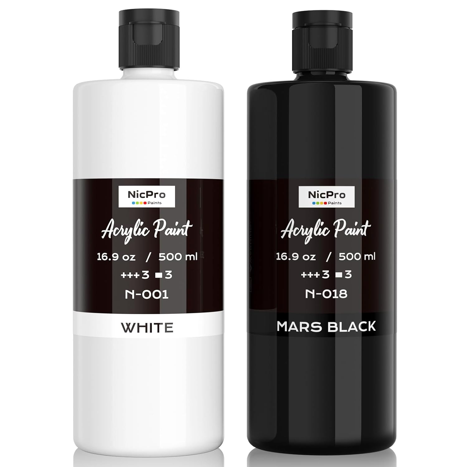 White & Black Large Acrylic Paint (16.9 Oz, 500 Ml), Rich Pigments, Non Toxic Craft Paint For Multi Surface, Canvas, Wood, Leather, Ceramic, Fabric - Art Painting Supplies For Beginners, Artists & Adults