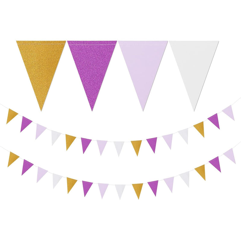 White Purple Gold Pennant Banner,2 Pack Glitter Sprinkles Paper Triang