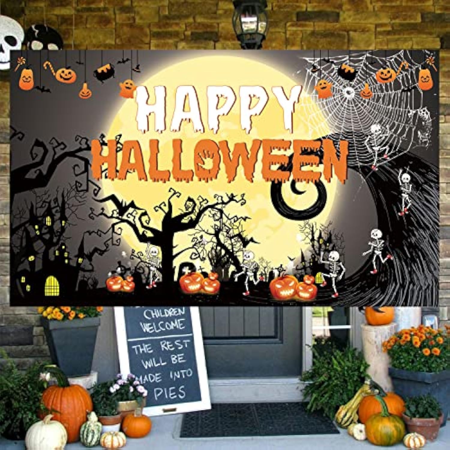 Happy Halloween Fabric Banner Poster Backdrop Pumpkin Ghouls Bat Spider Moon Decor