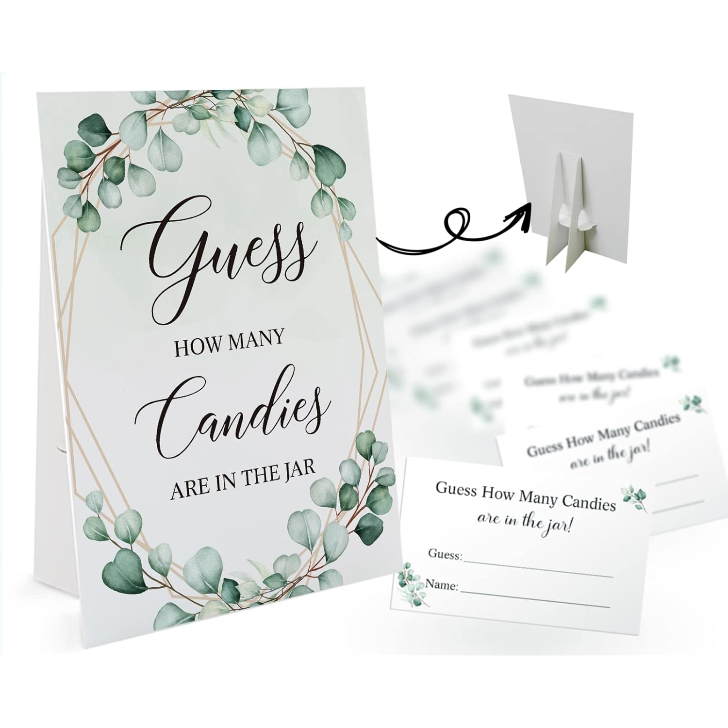Candy Guessing Game Cards-1 Sign 8X11" And 50 Cards, Gold Greenery How Many Game Sign, For Boys Girls Birthday Party, Baby Shower, Party Games Activities And Decorations 15