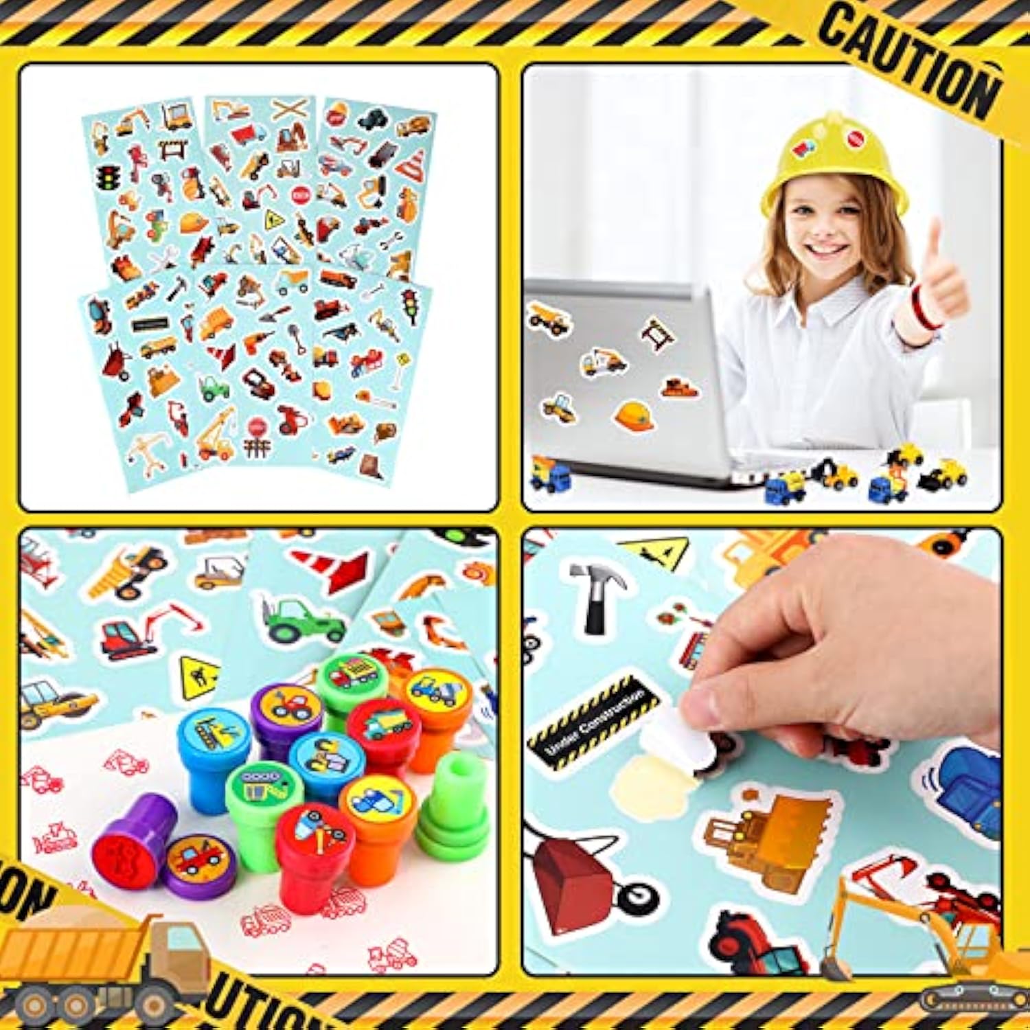 148 Pcs Construction Birthday Party Supplies Include 12 Construction Hats, 24 Truck Toys, 12 Vehicle Stickers, 12 Silicone Bracelet, 12 Goodie Bag, 24 Stamps, 50 Shovels, 1 Tablecloth,1 Tape