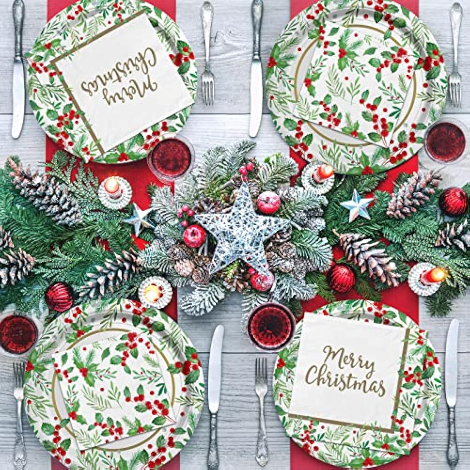 Christmas Party Supplies, Serve 50, Christmas Seasonal Holly Tableware Includes: Paper Dinner Plates, Dessert Plates, Luncheon Napkins And Beverage Napkins, Great For Party Decorations