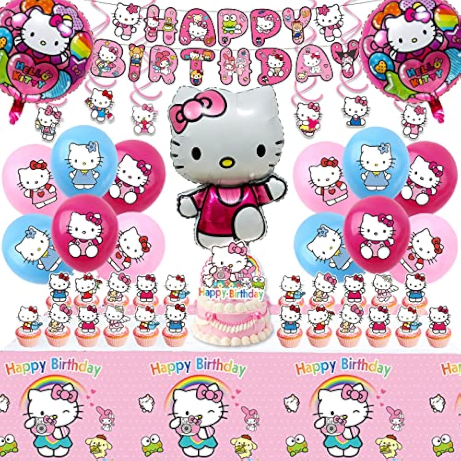 Kitty Birthday Party Supplies, Party Decorations Set Include Banner, Balloons, Hanging Swirls, Cake Cupcake Toppers, Tablecloth For Girls Kitty Theme Party