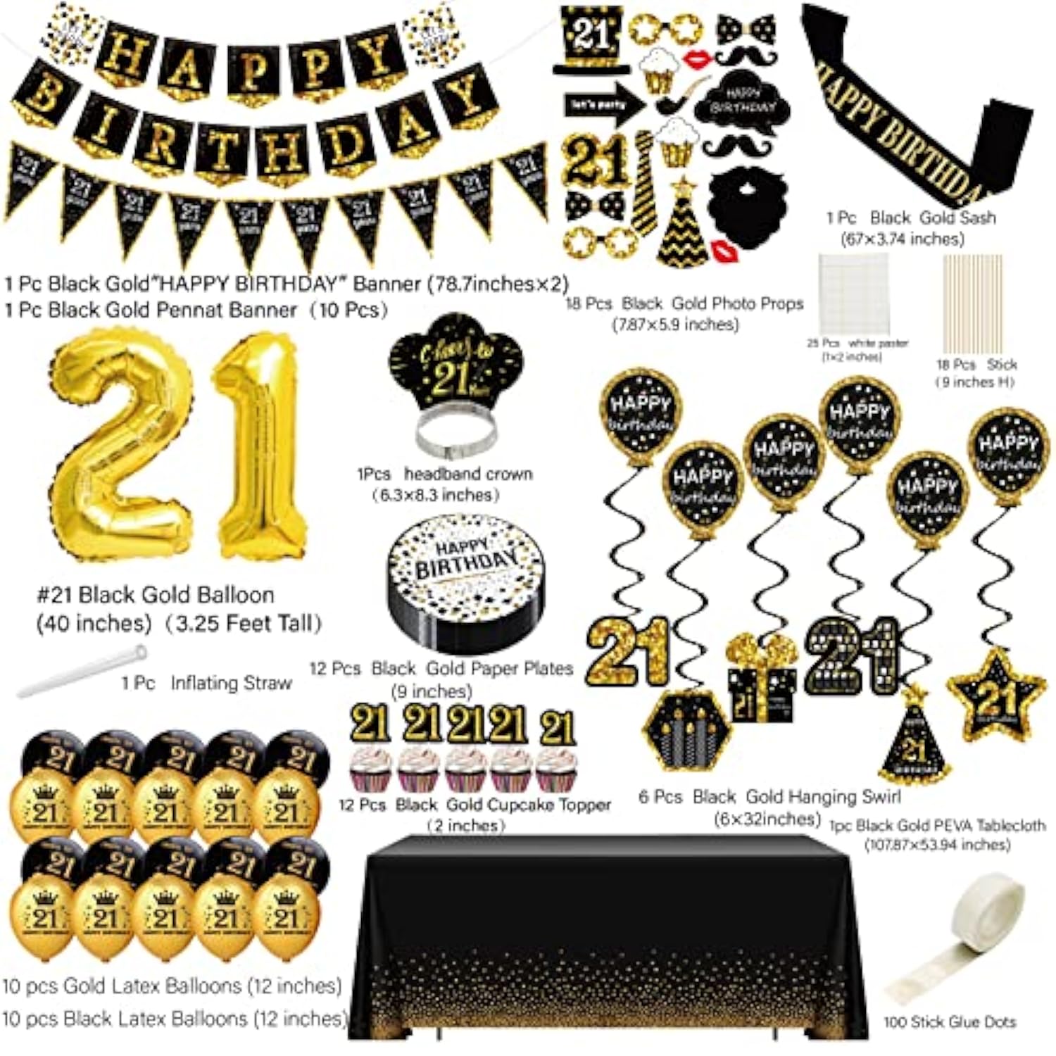 21St Birthday Decorations For Him - Black Gold Party Pack (76Pc), Includes Banner, Pennant, Swirls, Balloons, Tablecloths, Cupcake Toppers, Crown, Plates, Photo Props, Sash