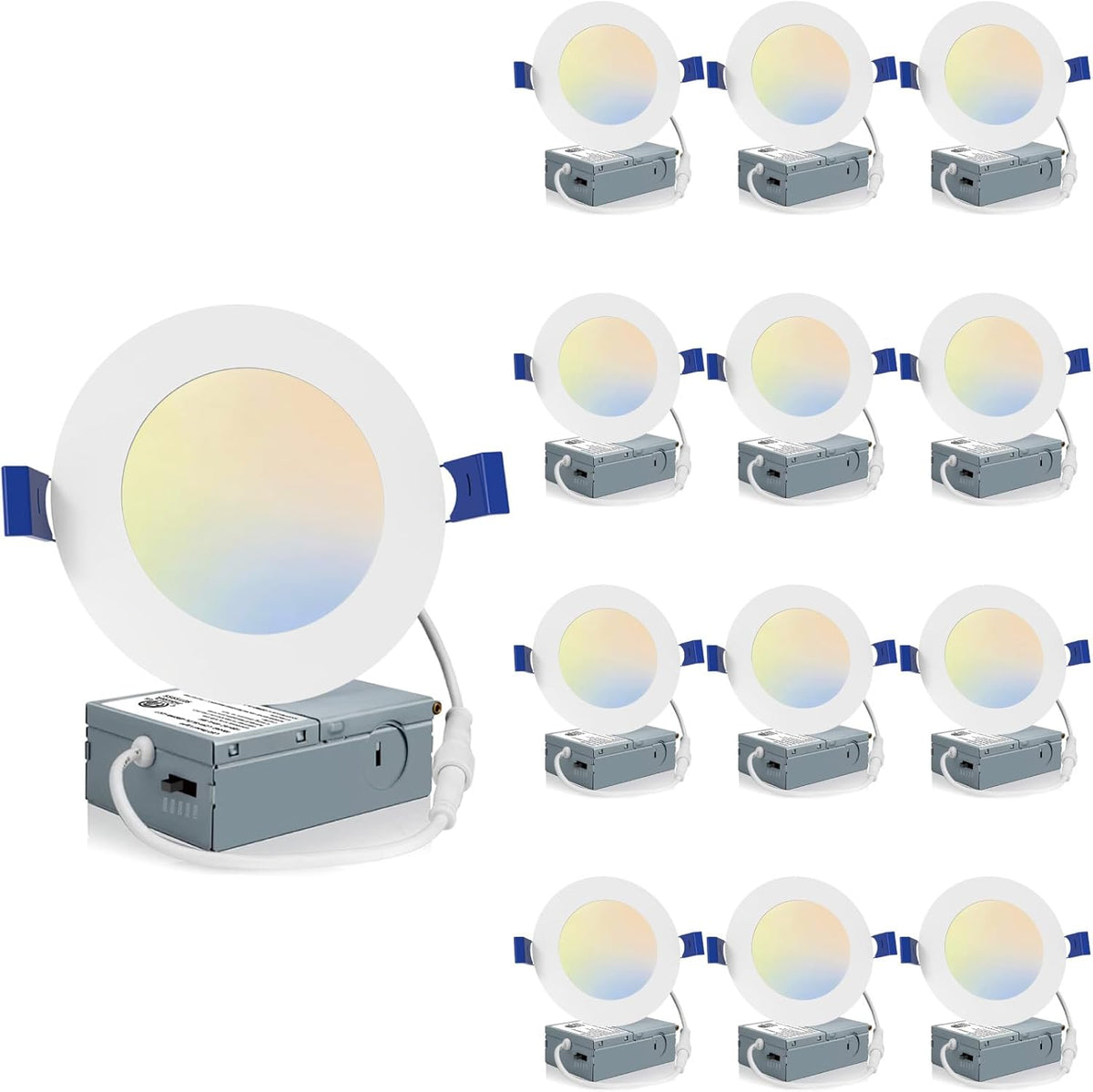12 Pack 4 Inch LED Recessed Ceiling Lights with Junction Box 9W Dimmable Canless Ultra Thin Downlight 5 Color Selectable 2700K to 5000K Energy Saving LED Ceiling Fixtures for Home Office Kitchen