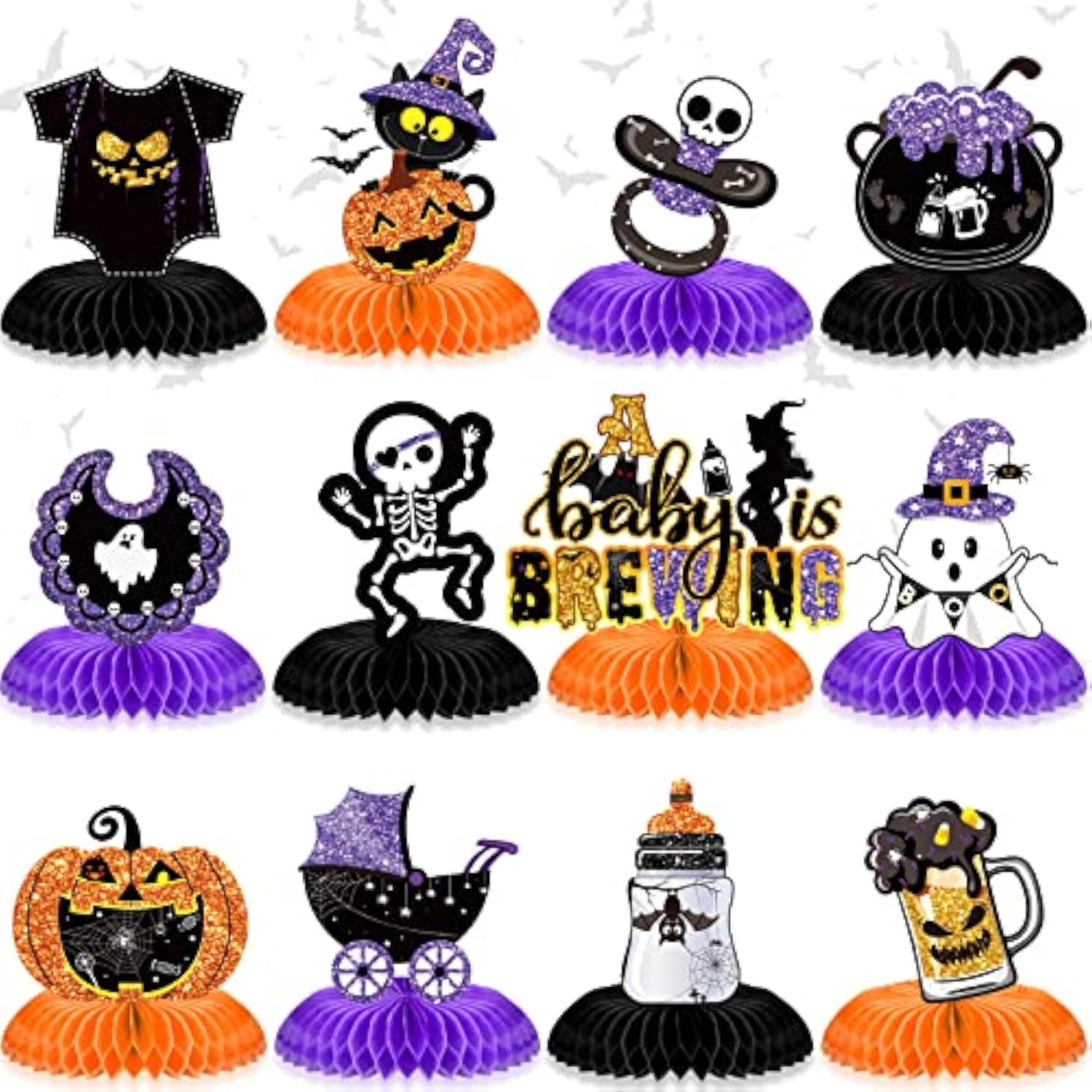 12 Pieces Halloween Baby Shower Decorations A Baby Is Brewing Honeycomb Table Centerpieces For Halloween Gender Reveal Party Favor Supplies(Purple,Fashion)