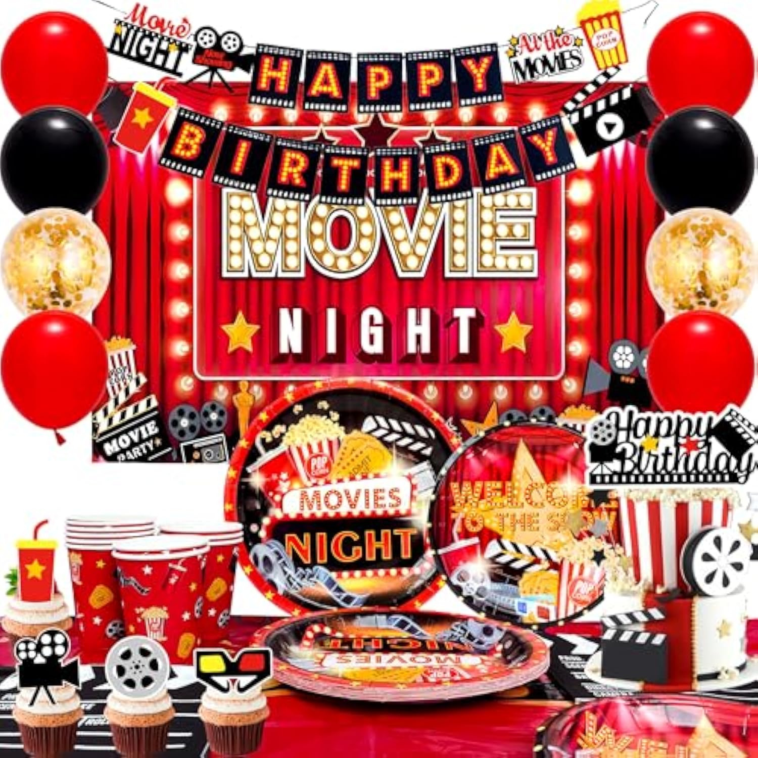 Movie Night Birthday Party Decorations,116Pcs Movie Night Party Decorations And Tableware - Movie Night Plates Tablecloth Napkins&Movie Night Party Balloons Banner Backdrop Etc Movie Night Decorations