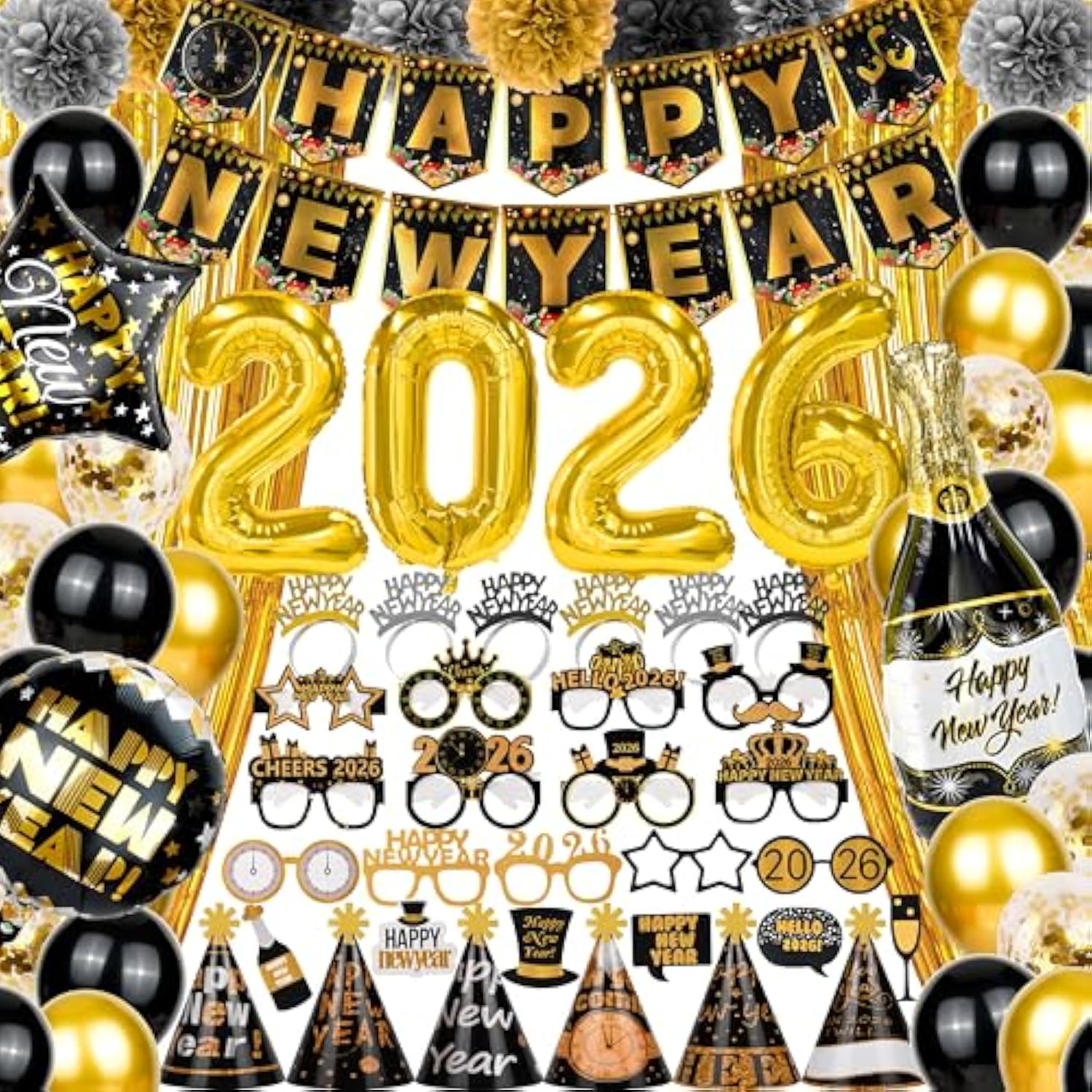 136 Pcs Black Gold Happy New Year 2026 Party Decoration Set