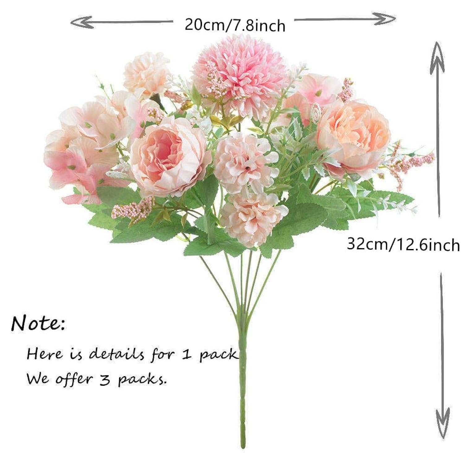 Fake Artificial Flowers, Peony Silk Hydrangea Bouquet Decor Plastic Carnations Flower Arrangements Wedding Decoration Table Centerpieces (Light Pink)