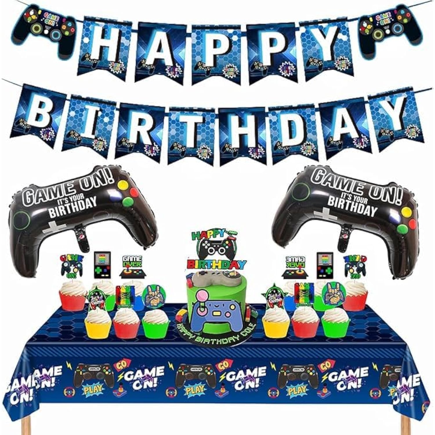 17-Piece Video Game Birthday Party Decoration Set With Game Controllers, Cake Decorations, Tablecloth And Foil Balloons For Boys And Girls Gaming Theme Celebration