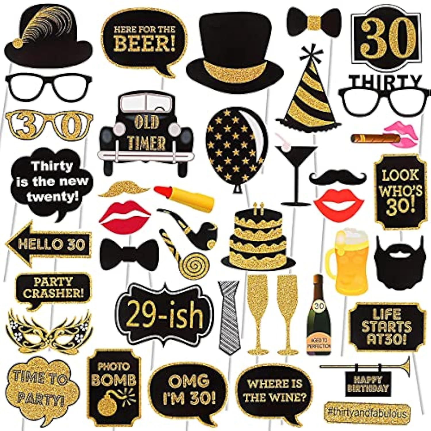 Adult 30Th Birthday Photo Booth Props(41Pcs) For Her Him Dirty Thirty 30Th Birthday Party, Gold And Red Decorations,30 Birthday Party Supplies For Men Women