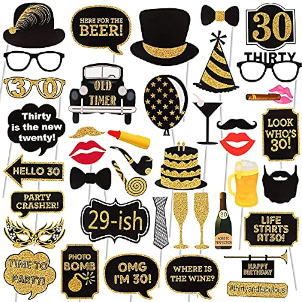 Adult 30Th Birthday Photo Booth Props(41Pcs) For Her Him Dirty Thirty 30Th Birthday Party, Gold And Red Decorations,30 Birthday Party Supplies For Men Women
