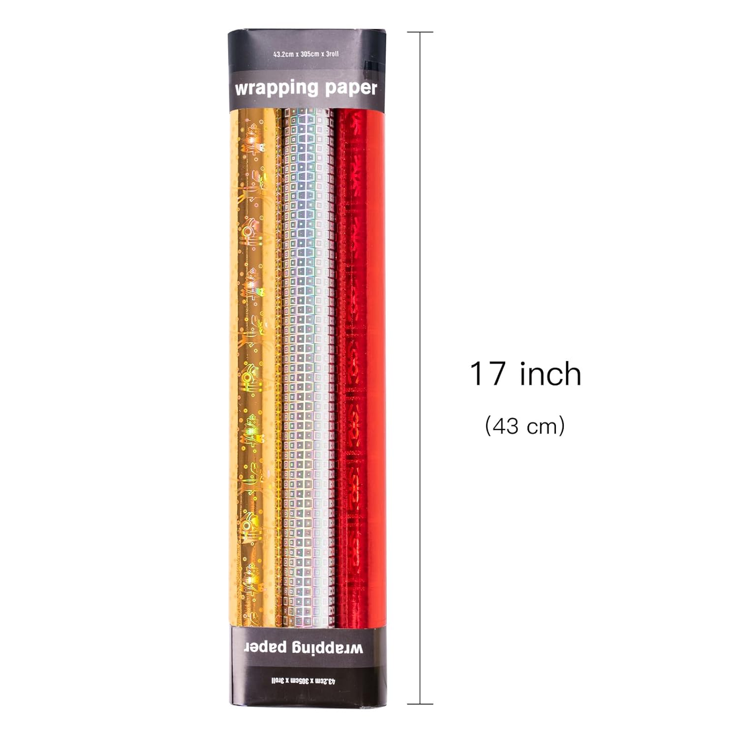 Holographic Foil Wrapping Paper - Mini Roll - Red Snowflake/Gold Bell/Silver Blocks For Christmas, Holiday, Birthday - 17 X 120 Inches - 3 Rolls (42.5 Sq.Ft.Ttl.)