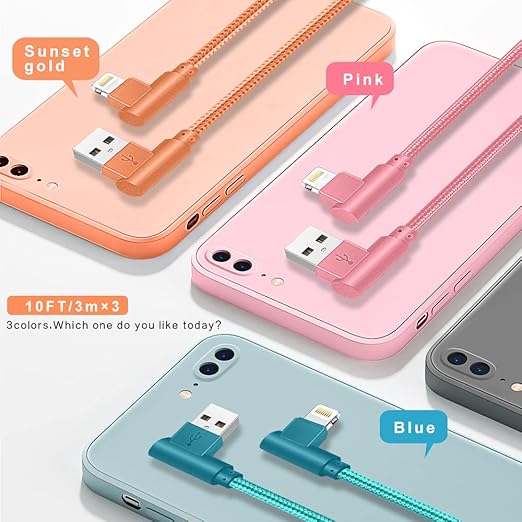 3 Pack Apple MFi Certified iPhone Charger Cable 10FT 90 Degree Lightning Fast Charging Cord for iPhone 14 13 12 11 iPad