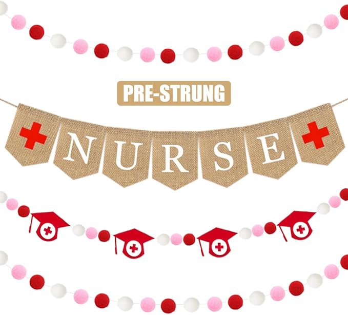 Nurse Banner, 4 Pcs Nursing Party Decorations Burlap Bunting Pennant And Felt Graduation Cap With Red Pink White Pom Pom Ball Garland Congrats Grad For Thank You Nurses Lab Week College School Decor
