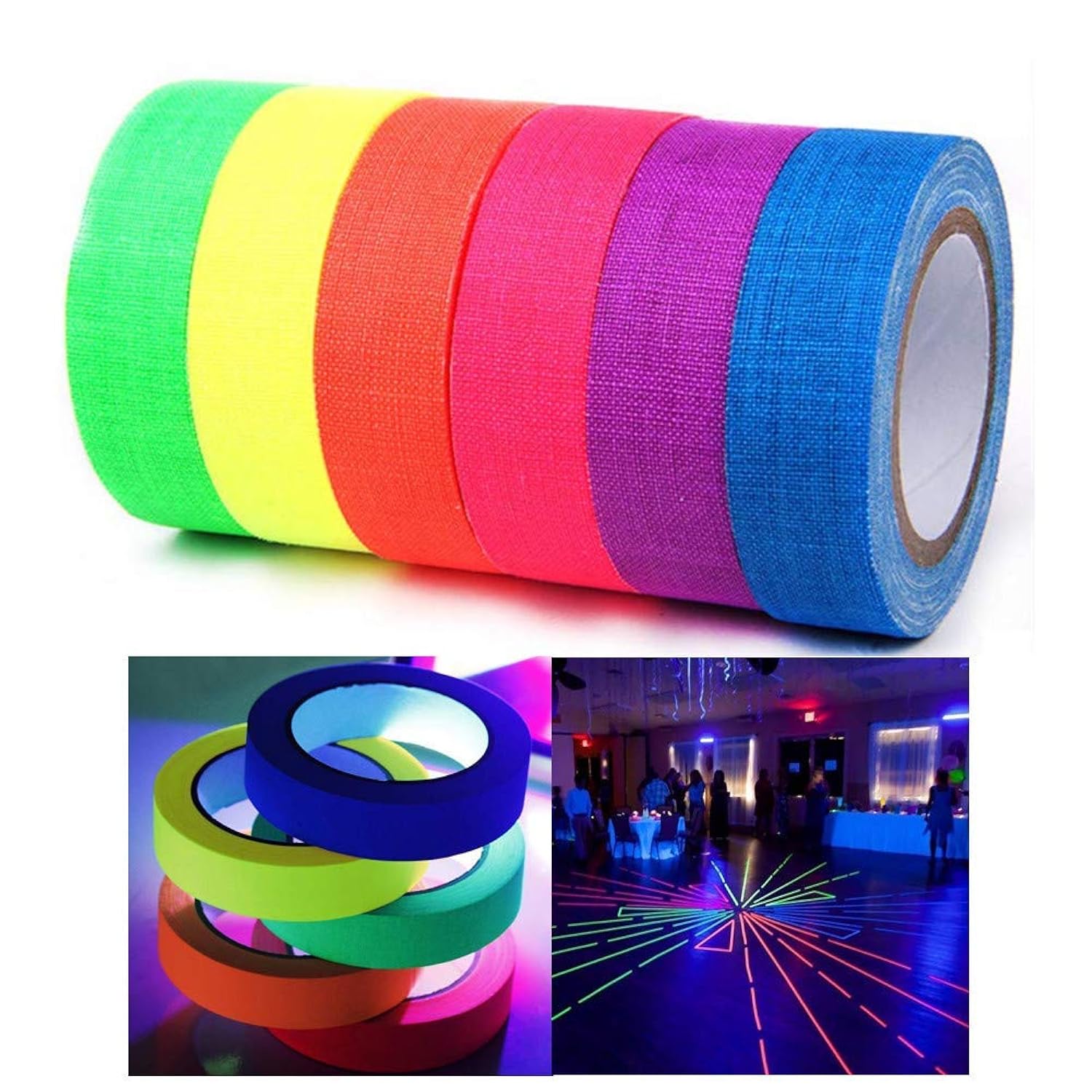Uv Blacklight Reactive Fluorescent Cloth Tape Glow In The Dark Neon Gaffer Tape Birthday Christmas Party Supplies.Each Roll Is 0.6 Inch X 16.5 Ft (6-Pack)