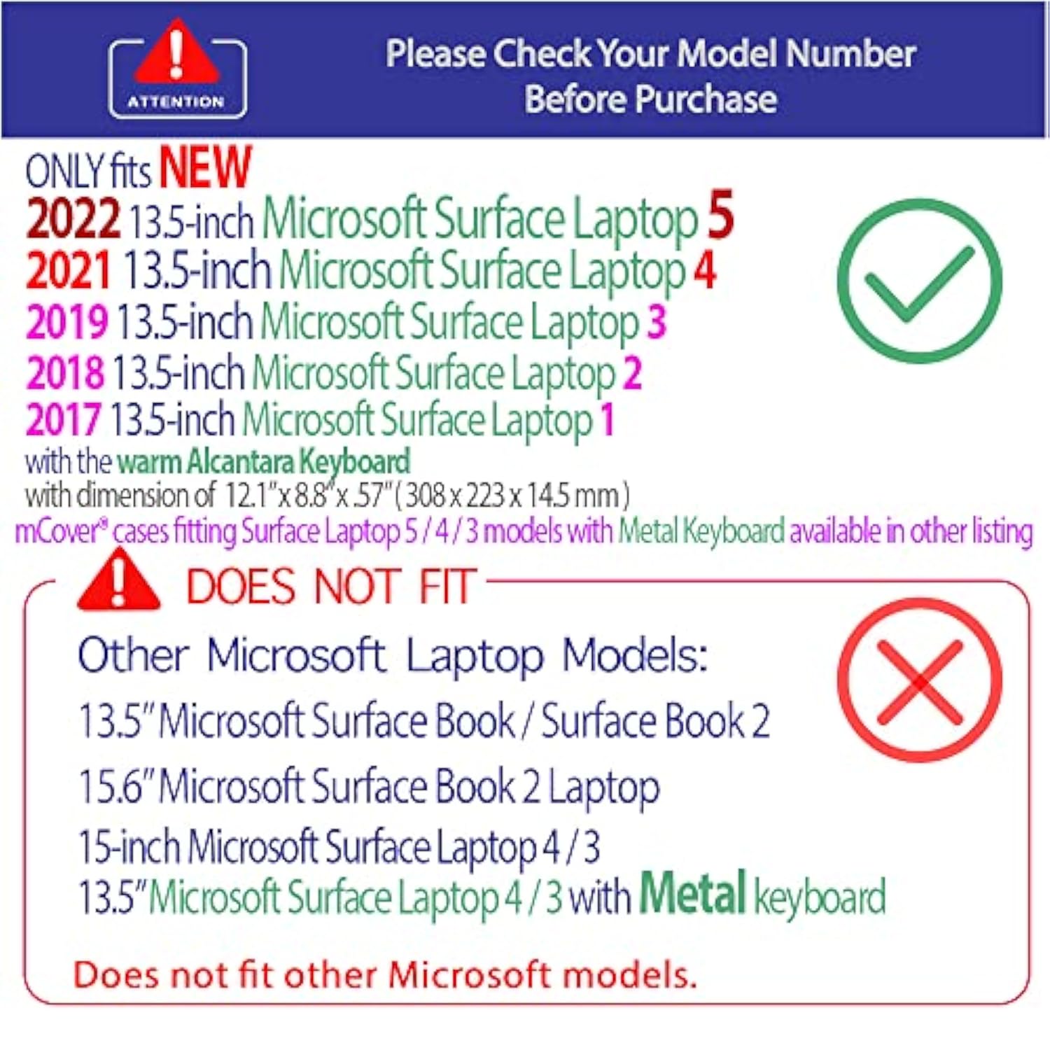 mCover Case Compatible for 13.5" Microsoft Surface Laptop (5/4 / 3/2 / 1) with Alcantara Keyboard ONLY (NOT Compatible with Surface Book and Tablet) - Black