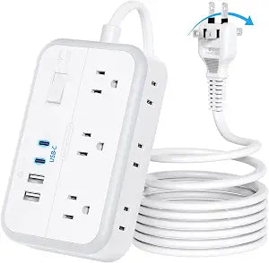10 Ft 2 Prong Extension Cord Power Strip 4 USB Ports 2 USB C Flat Plug 1875W