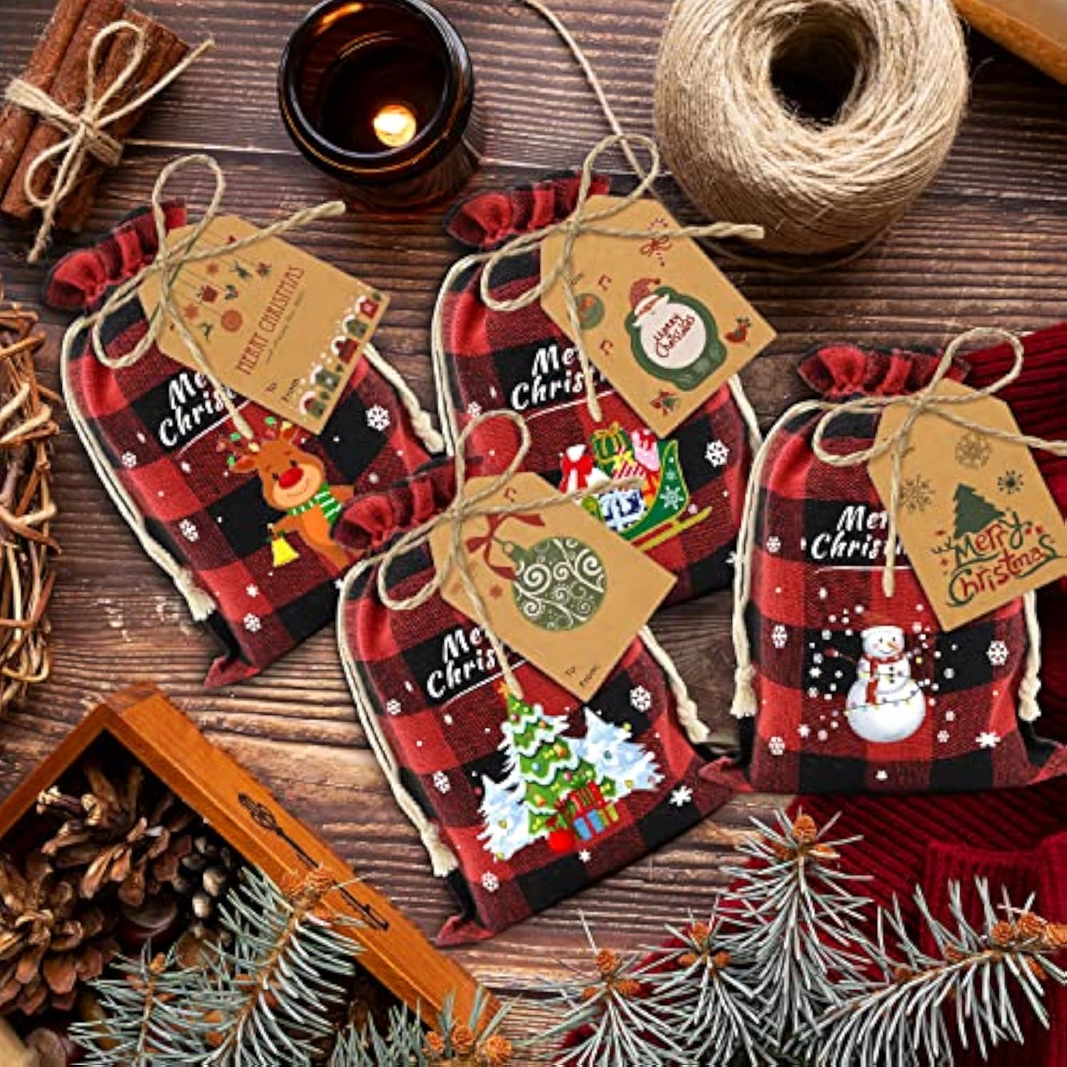 36Pcs Cotton Medium Christmas Drawstring Candy Treat Bags Buffalo Plaid Xmas Xmas Christmas Fabric Goody Gift Sacks Reusable Gift Wrapping Bags Holiday Party Favors - Red/Black