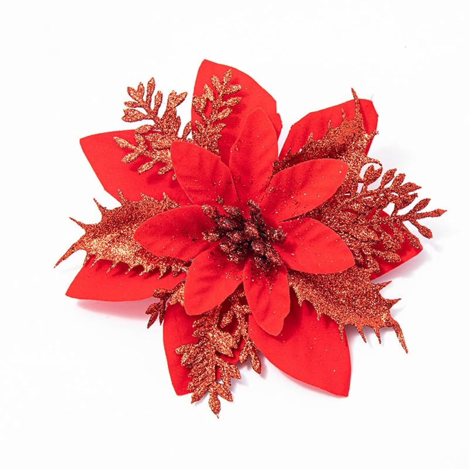 Sparkling Christmas Flowers - Artificial Poinsettia Tree Decor Set Of 10 - Festive Holiday Floral Ornaments (Wine Red)
