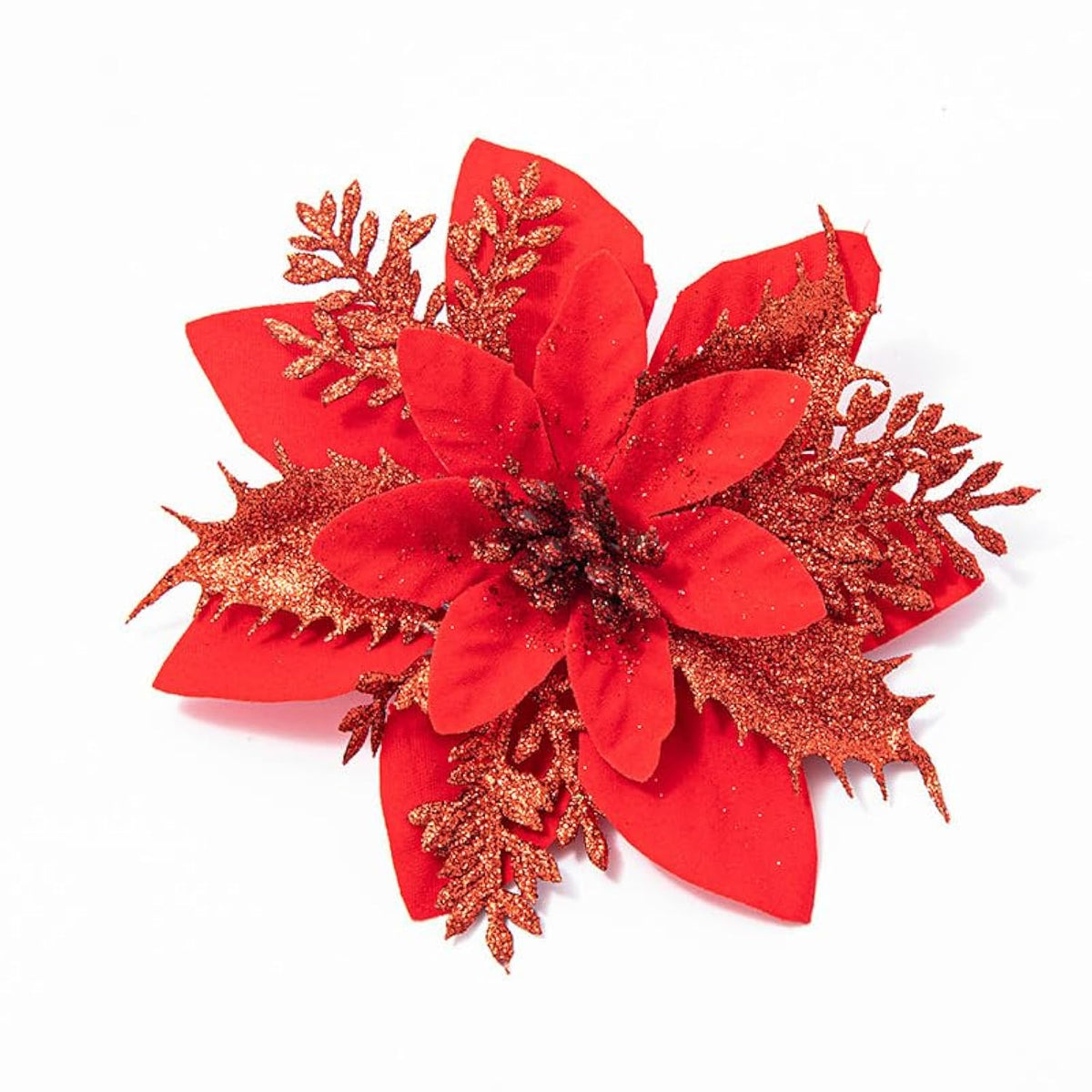 Sparkling Christmas Flowers - Artificial Poinsettia Tree Decor Set Of 10 - Festive Holiday Floral Ornaments (Wine Red)