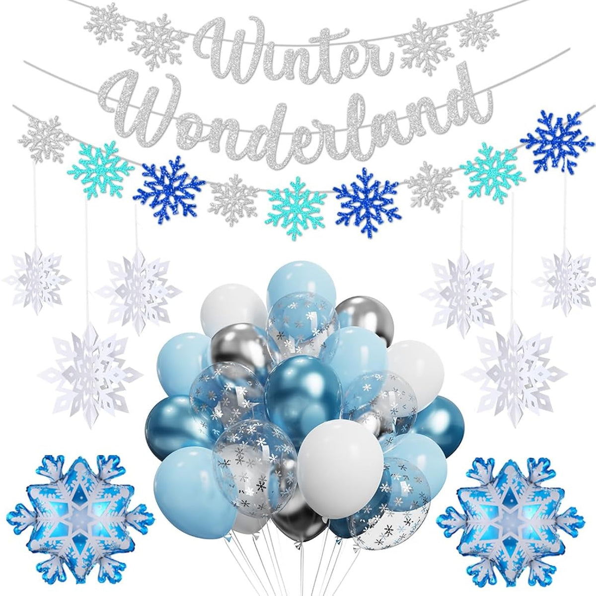Winter Wonderland Party Decorations 56Pcs Blue White Silver Snowflake Balloons,Banner,3D Paper Hanging Snowflakes Garland For Christmas Winter Onederland 1St Birthday Party New Year Decoration