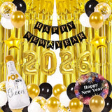 2026 New Year Party Set with Balloons, Banner, and Fringe Curtain in Gold and Black