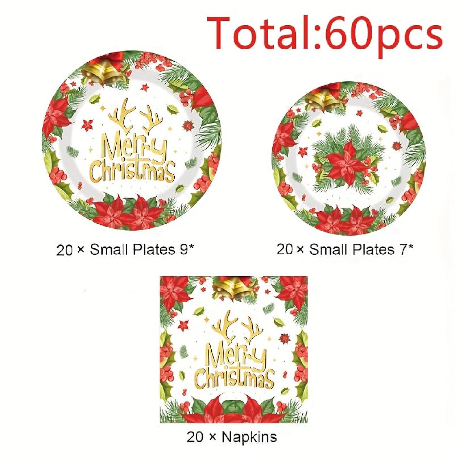 60-Piece Christmas Paper Plates and Napkins Set for Holiday and Party Decor