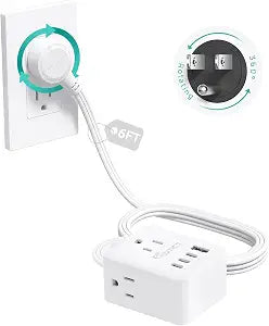 360 Rotating Power Strip 3 AC Outlets 4 USB Ports 6FT Wall Mount White