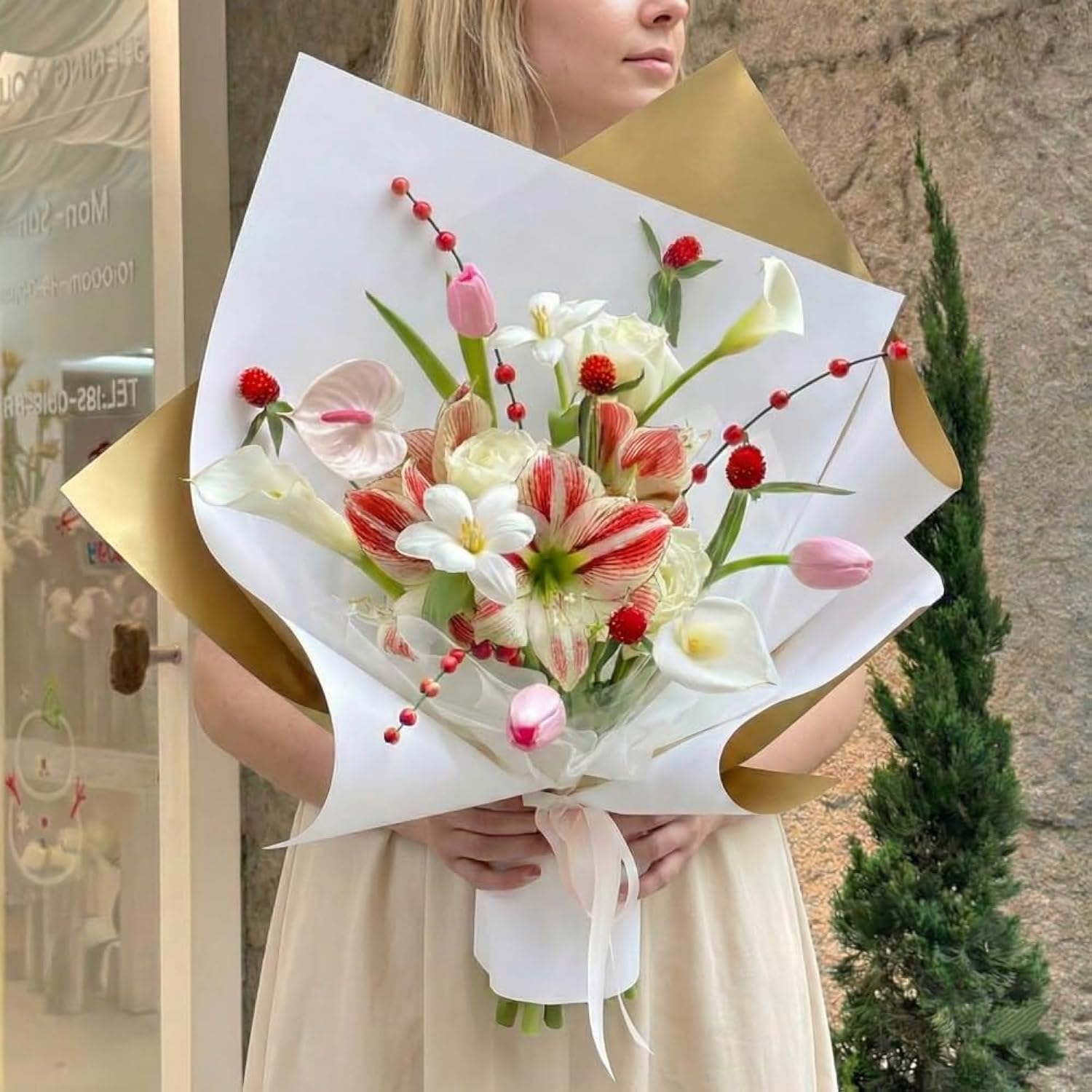 Double Sided Golden Flower Wrapping Paper Waterproof Gift Packaging Florist Bouquet Wraps, 20 Sheets 23.6X23.6 Inch (White)