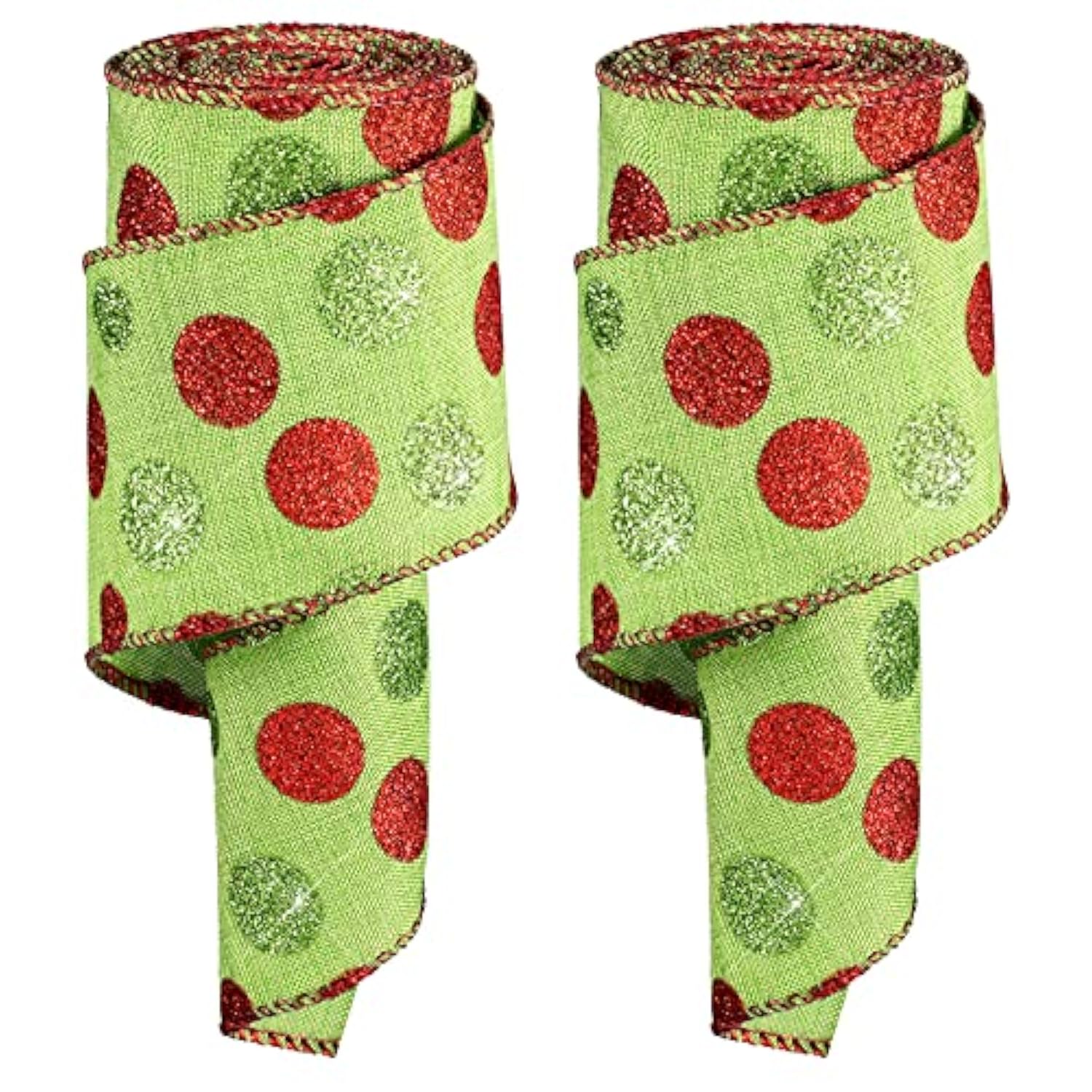 2 Rolls Christmas Glitter Dot Wired Edge Ribbons Green Red Dot Ribbons
