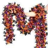 50Ft Halloween Tinsel Garland - Orange & Purple Metallic with Black Maple Leaves for Party Decor