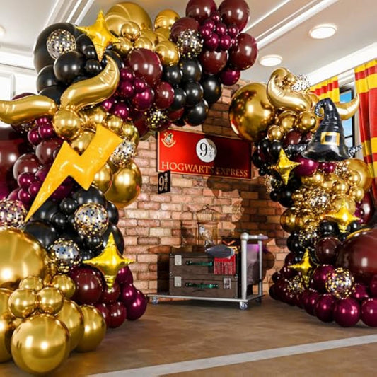 All-In-1 Magical Wizard Balloons Garland Arch Kit With Bonus Hat, Wings, Lightning, Stars – Wizard Birthday Party Decorations & Supplies For Baby Shower, Chosen One, Burgundy Black Hogwarts Balloons