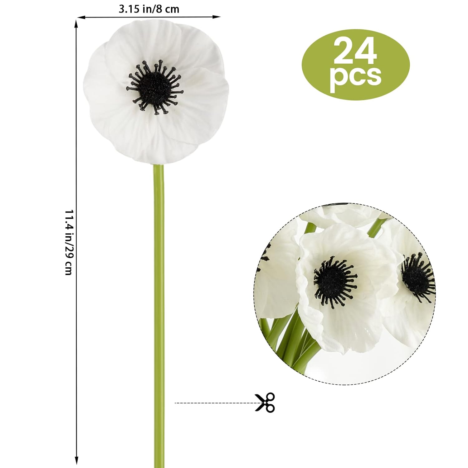 Artificial White Flower, 24 Pcs Black And White Flowers, 11 Inch Silk Anemone Flower, Stems Pu Real Touch Fake Flowers In White With Black Center For Wedding Memorial Day Centerpiece Home Kitchen