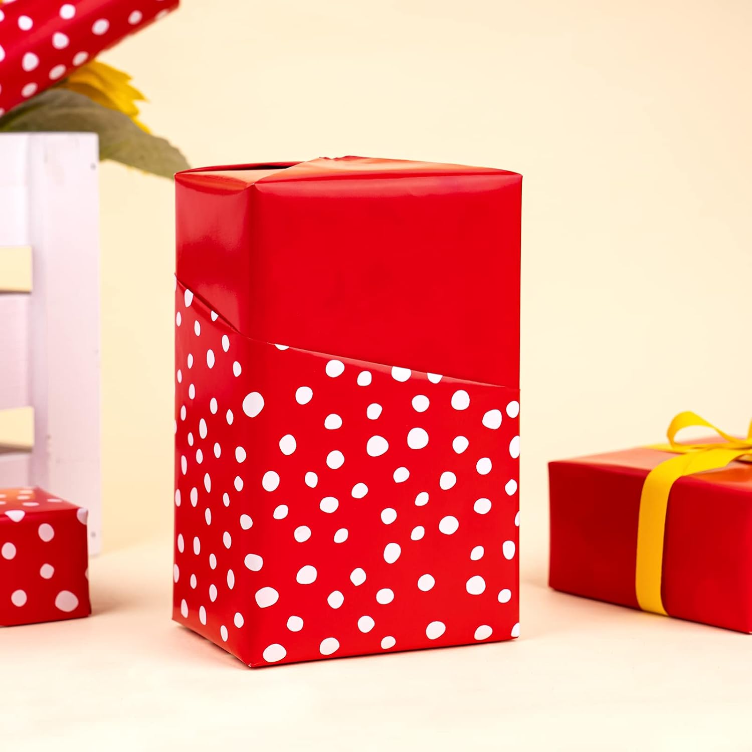 Reversible Wrapping Paper - Mini Roll - 17 Inch X 33 Feet - Red And Delicate Polka Dots Design For Birthday, Holiday, Wedding, Baby Shower