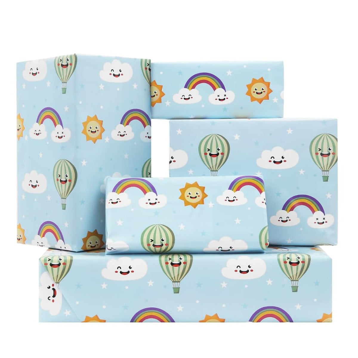 Cute Rainbow Clouds And Sunshine Float Away In A Hot Air Balloon With Smile Face On Bright Blue Wrapping Paper For Babies Boys Kids Happy Birthday Party Babay Shower, Folded Flat 30 X 20 Inch, 4