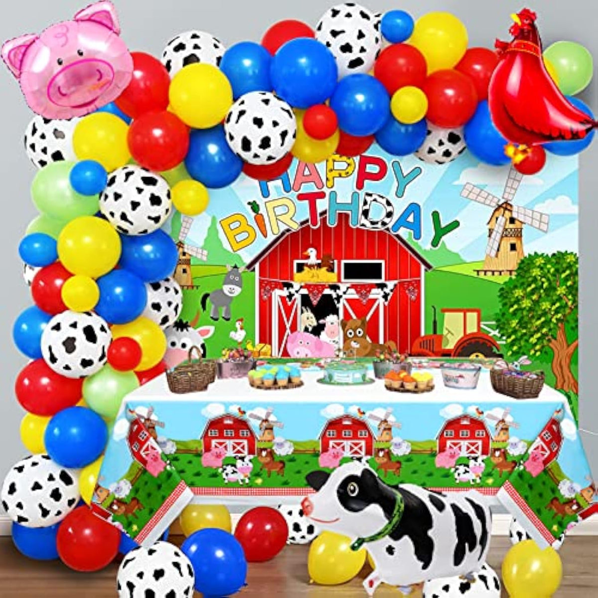 91Pcs Farm Animals Party Decorations Supplies, Farm Barn Animal Backdrop Farmhouse Decor Tablecloth Cow Print Horse Balloon Arch Garland Kit 1St Baby Shower Birthday Party Supply For Kids Girls