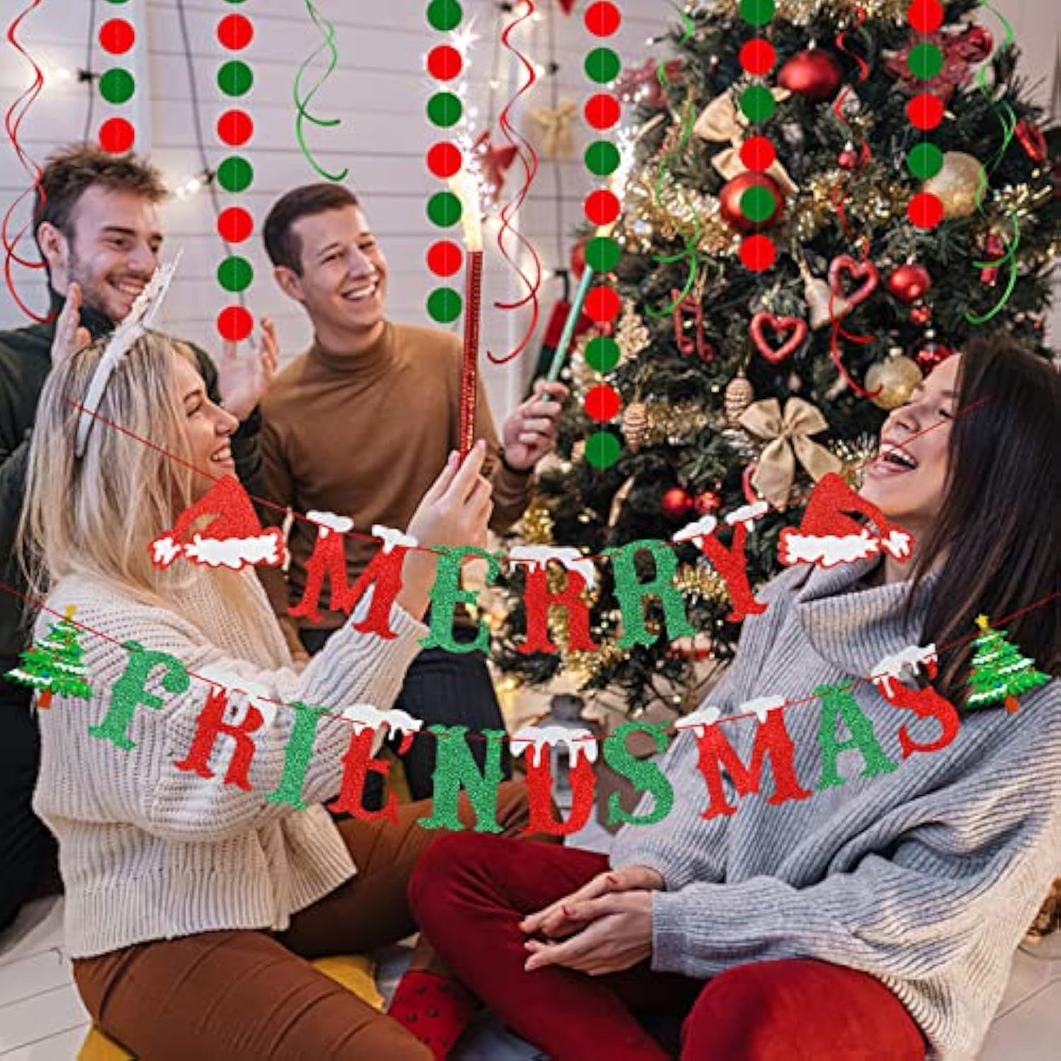 Red And Green Merry Friendsmas Banner For Christmas Party Decorations, Xmas Holiday Office Home Decor