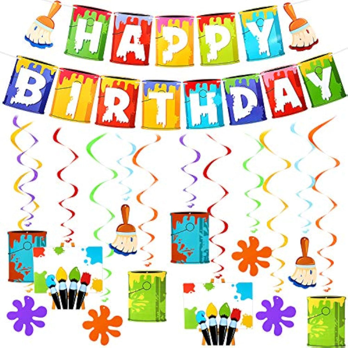 25 Pieces Art Painting Party Decorations Includes 1 Happy Birthday Banner 12 Painting Birthday Card And 12 Art Hanging Swirl For Party Supplies