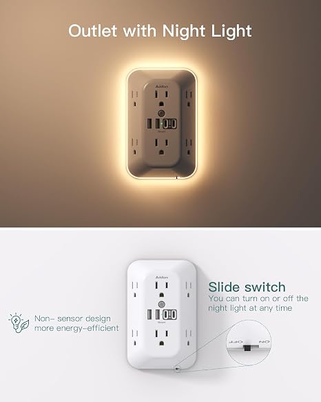 Surge Protector Outlet Extender 6 Outlets 4 USB Ports Night Light 1800J Wall Plug White