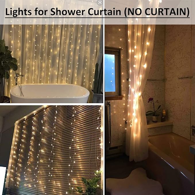 72x72 Inch Shower Curtain Fairy Lights 180 LED Battery Operated Waterproof Curtain String Lights with Hooks Indoor Outdoor Bathroom Bedroom Party Decor No Curtain Included