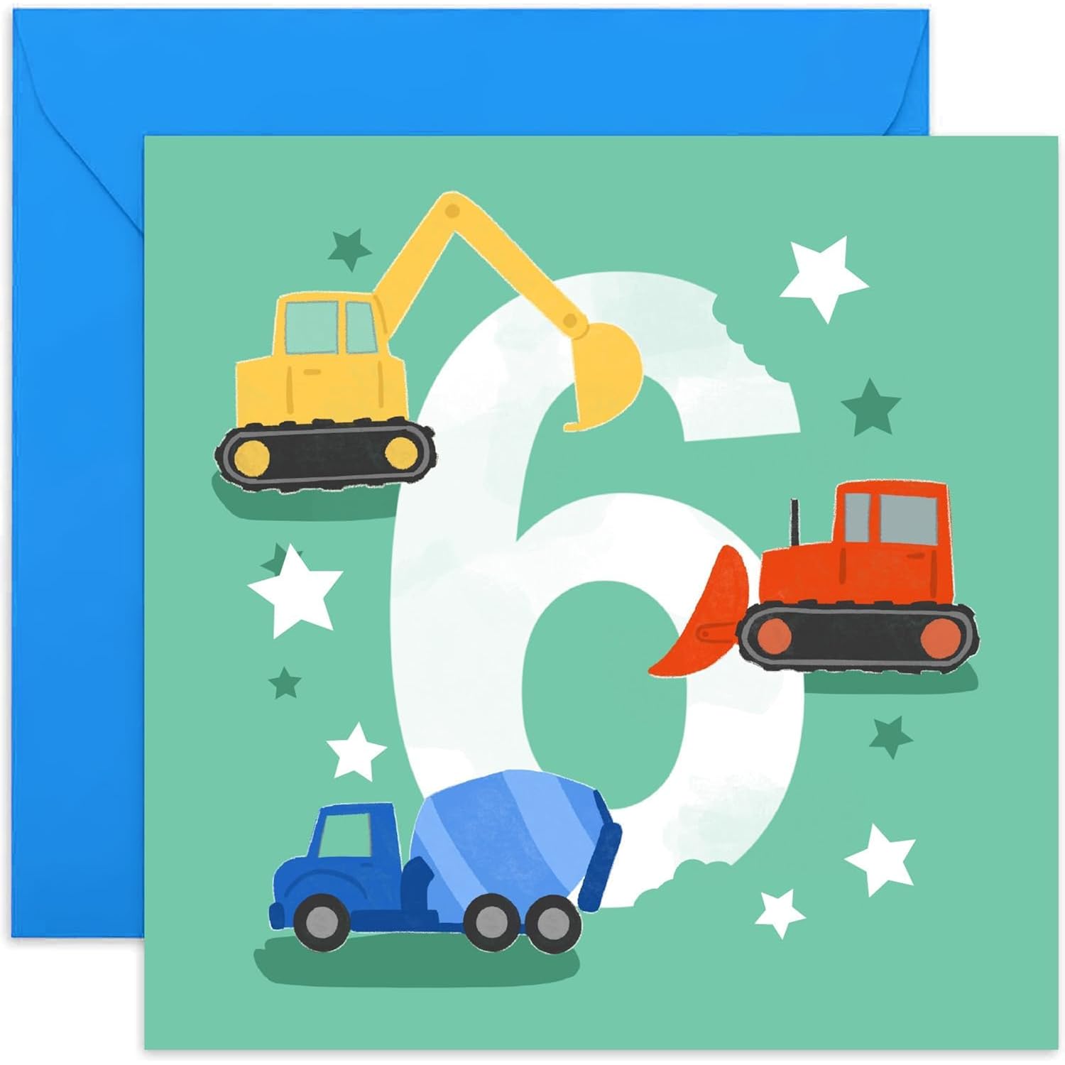 Old English Co. First Birthday Card For Boy Or Girl - Happy 6Th Birthday Card For Six Year Old - Digger, Tractor, Construction Vehicle Theme - Age 6 - Grandson, Son, Daughter | Blank Inside Envelope