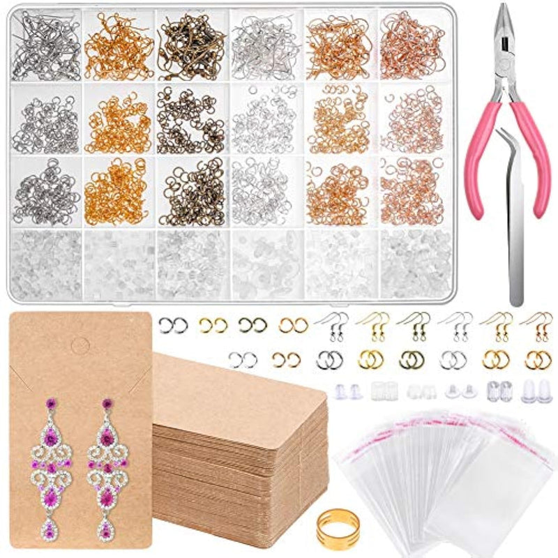 Earrings Hooks For Jewelry Making, 2000Pcs Kit With Fish Hook Earrings, Cards, Plier, Backs And Jump Ring For Earring Repair