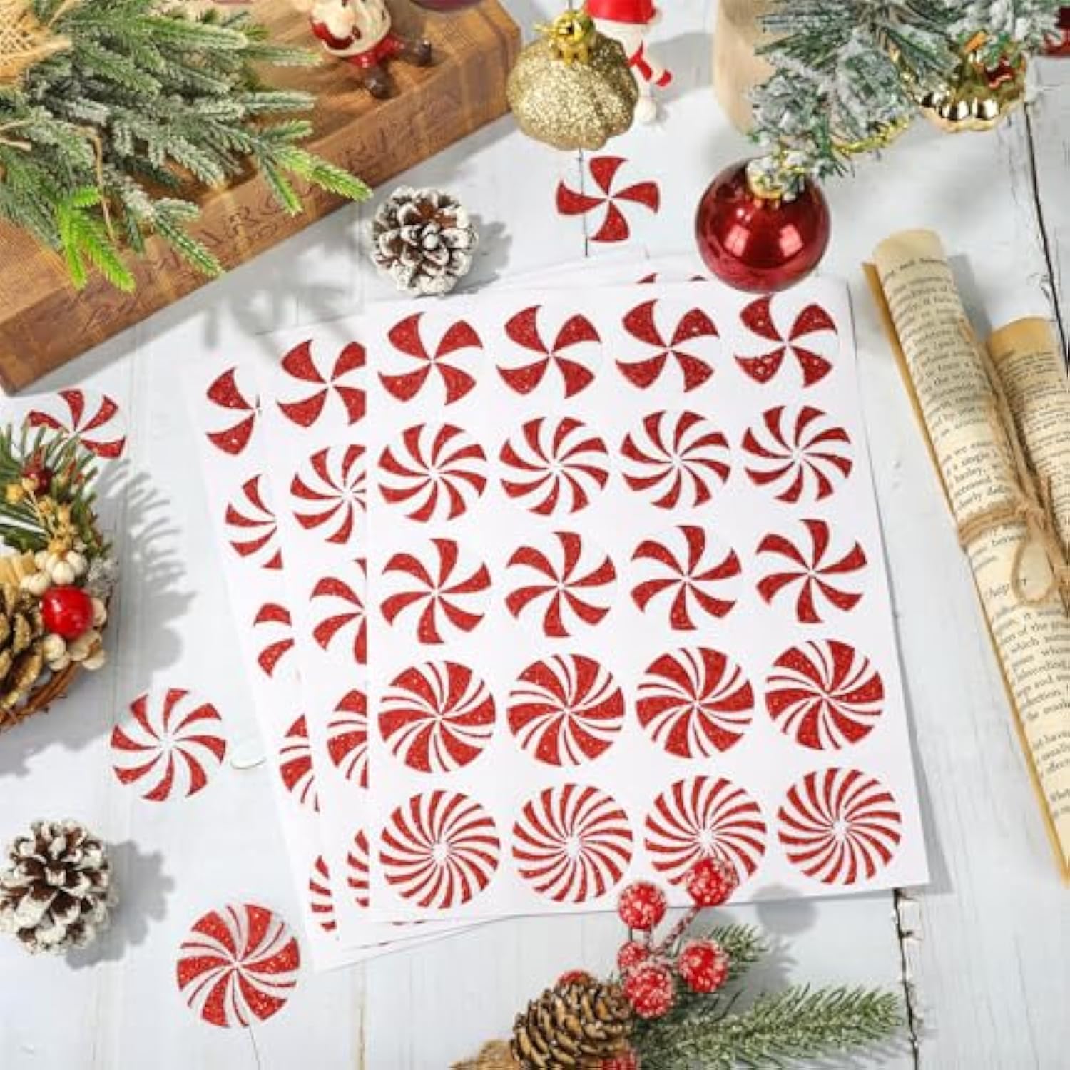 500Pcs Christmas Stickers Glitter Peppermint Candy Envelope Seal Decals Red White Self-Adhesive Xmas Paper Labels For Winter Holiday Invitation Greeting Card Scrapbook, 1.5 In