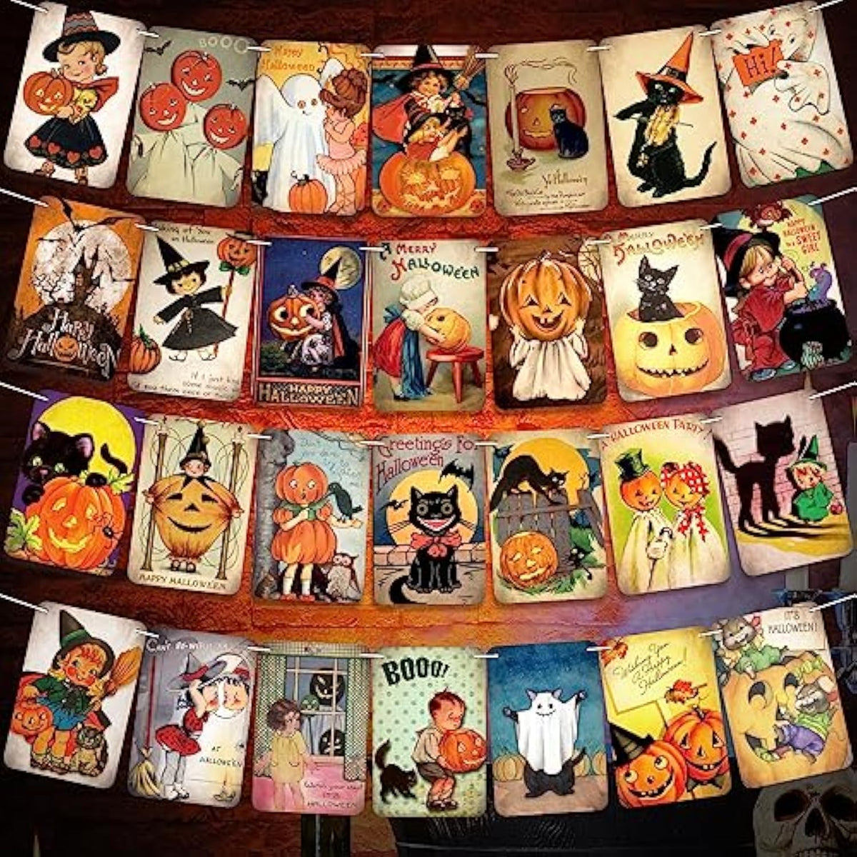 Vintage Halloween Banner Set with Pumpkin Witch Cat Bunting Garland for Party Wall Decor