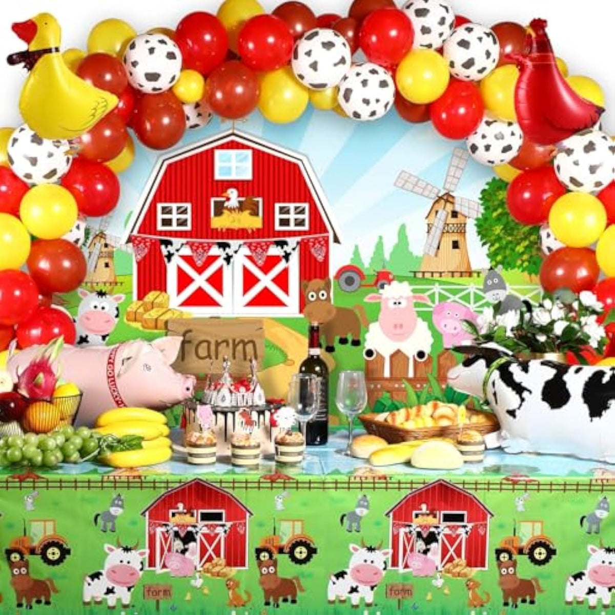 Farm Animals Theme Party Decorations Farm Barn Backdrop Banner Farmhouse Animals Decor Tablecloth Balloon Arch Garland Kit For Birthday Photography Baby Shower Party Supplies(Red)